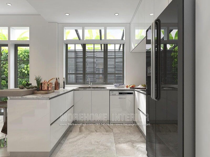 Mẫu tủ bếp gỗ chữ U hiện đại, bề mặt bếp ốp đá vân mây mang lại sự sạch sẽ cho cả không gian