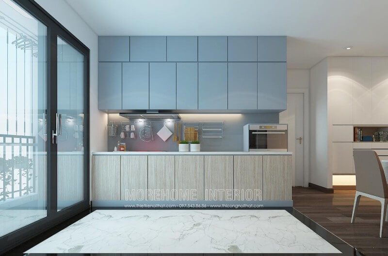 Mẫu tủ bếp gỗ Acrylic với bề mặt được phủ bóng nên khi nhìn vào giống như một chiếc gương. Mang đến một vẻ đẹp hiện đại và sang trọng nhưng vẫn có một chút nét đẹp trẻ trung.