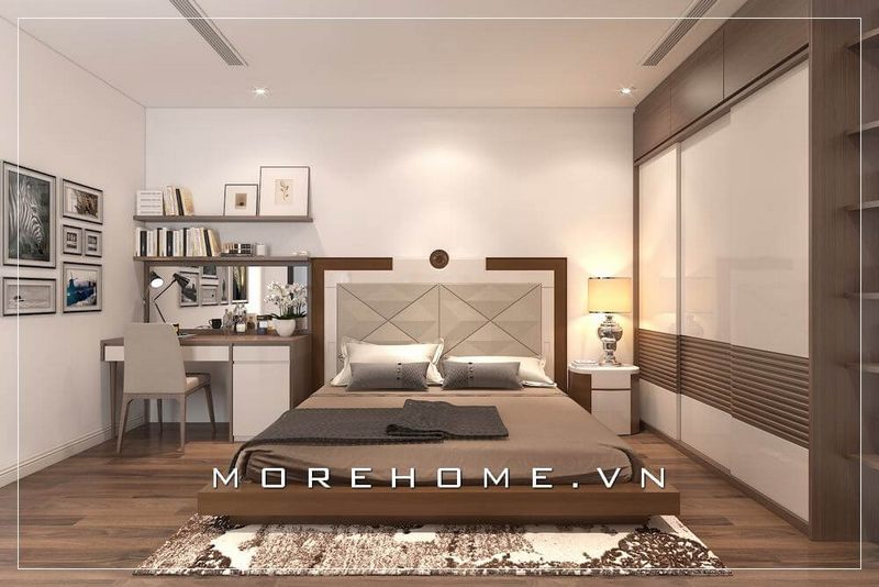 Giường ngủ chung cư được thiết kế theo phong cách Nhật Bản hiện đại, trẻ trung, phần đầu giường bọc da màu xám tạo điểm nhấn cho căn phòng tránh đi phần đơn điệu, tẻ nhạt