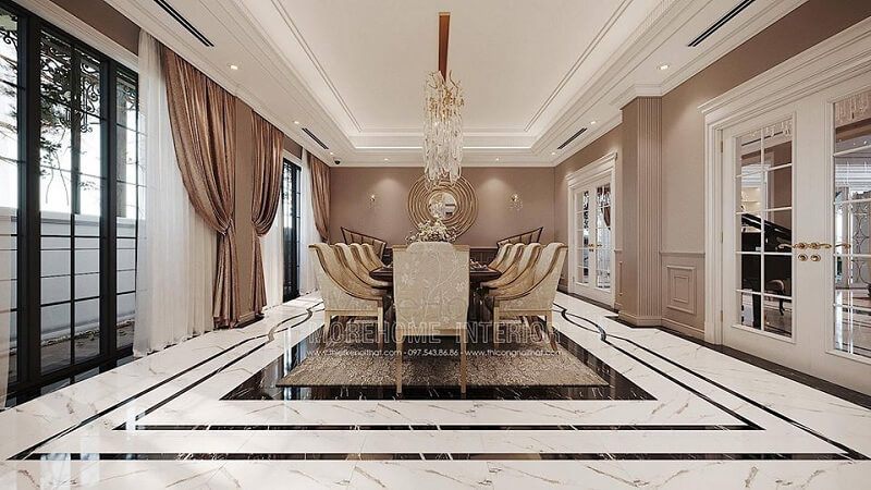 Thiết kế nội thất phòng ăn biệt thự ấn tượng với bộ bàn ăn tân cổ điển màu vàng kim cuốn hút mọi ánh nhìn