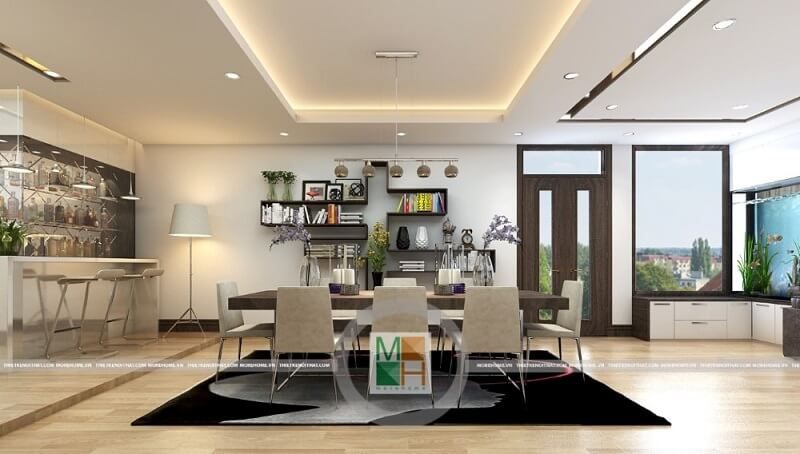 Tạo ra một thiết kế nội thất đẹp cho phòng ăn chung cư bằng cách kết hợp bộ bàn ăn nhỏ gọn với một quầy bar mini ấn tượng.