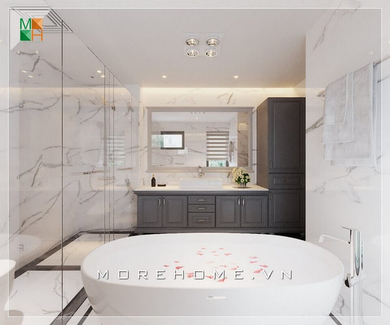 Mẫu thiết kế phòng tắm có màu trắng - xám phù hợp với phong cách hiện đại để sử dụng cho các loại căn hộ, nhà phố và biệt thự.
